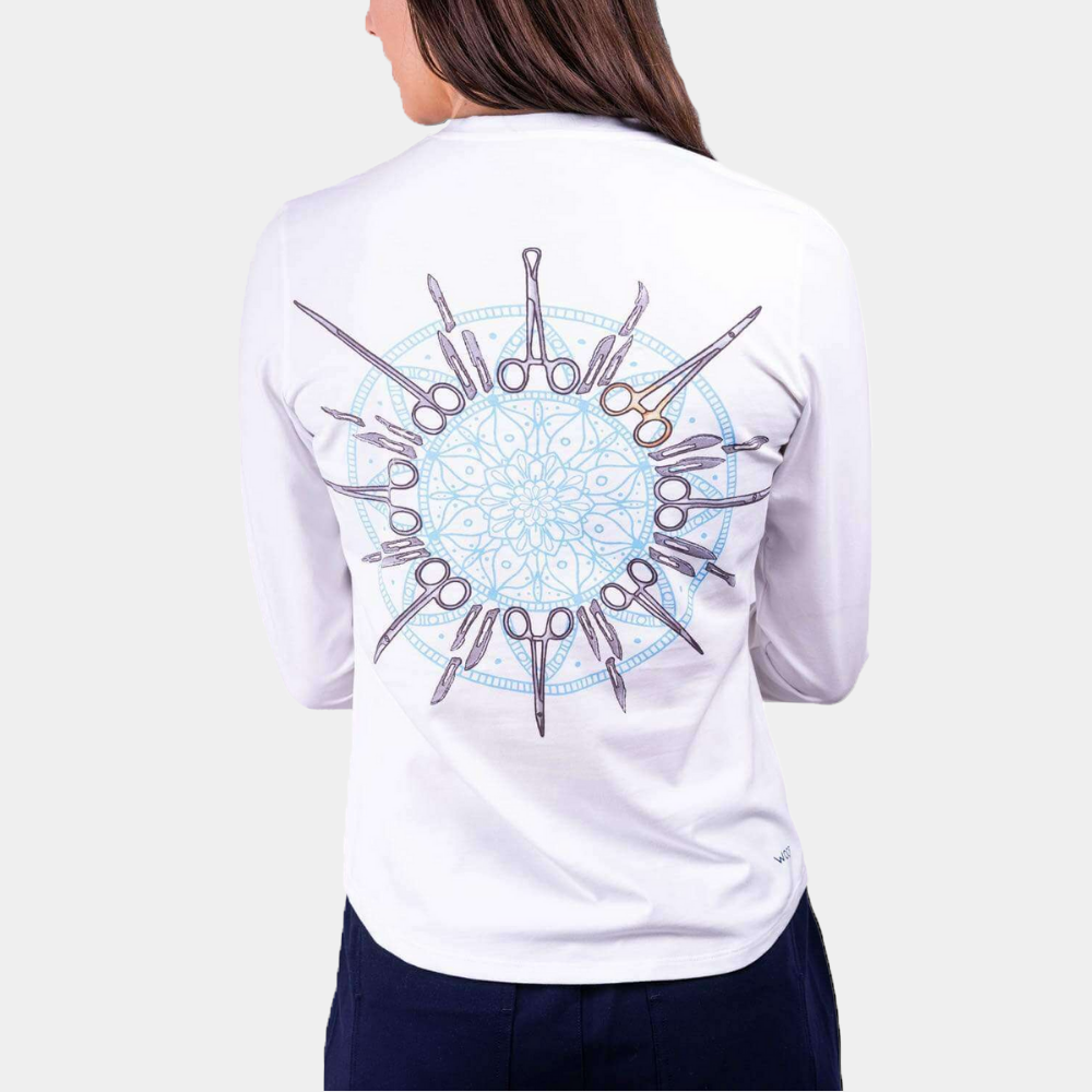 Doctor wearing a Dr. Woof Mandala Uniform Under Scrub Shirt