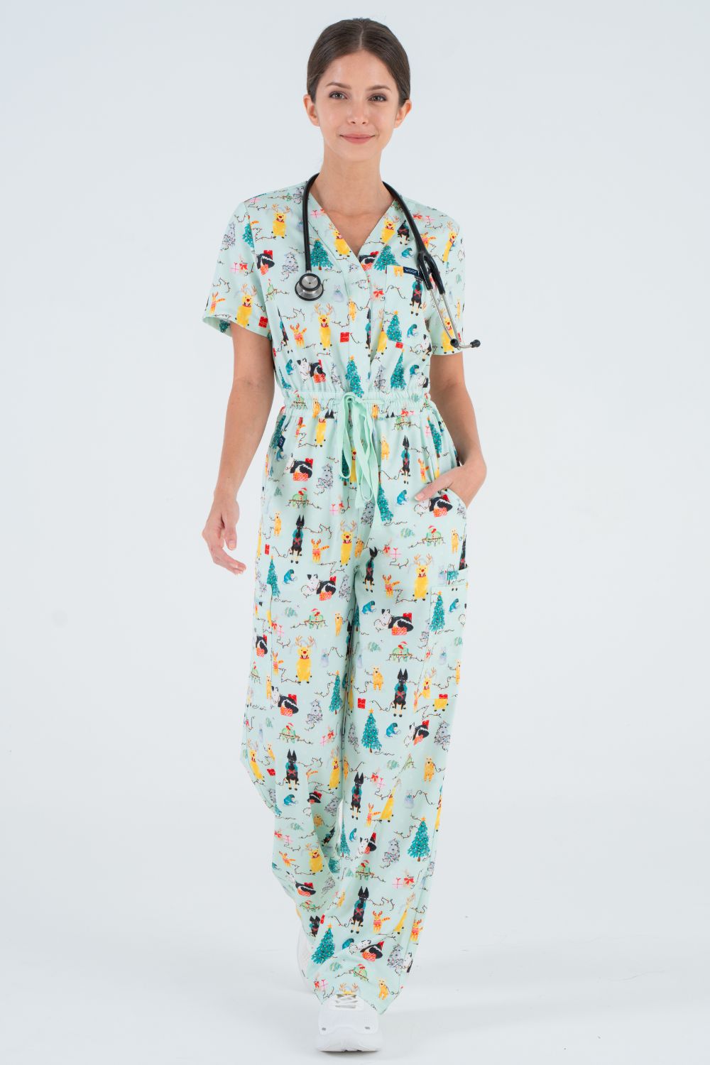 Christmas Tails Women’s 8-Pocket Scrub Jumpsuit