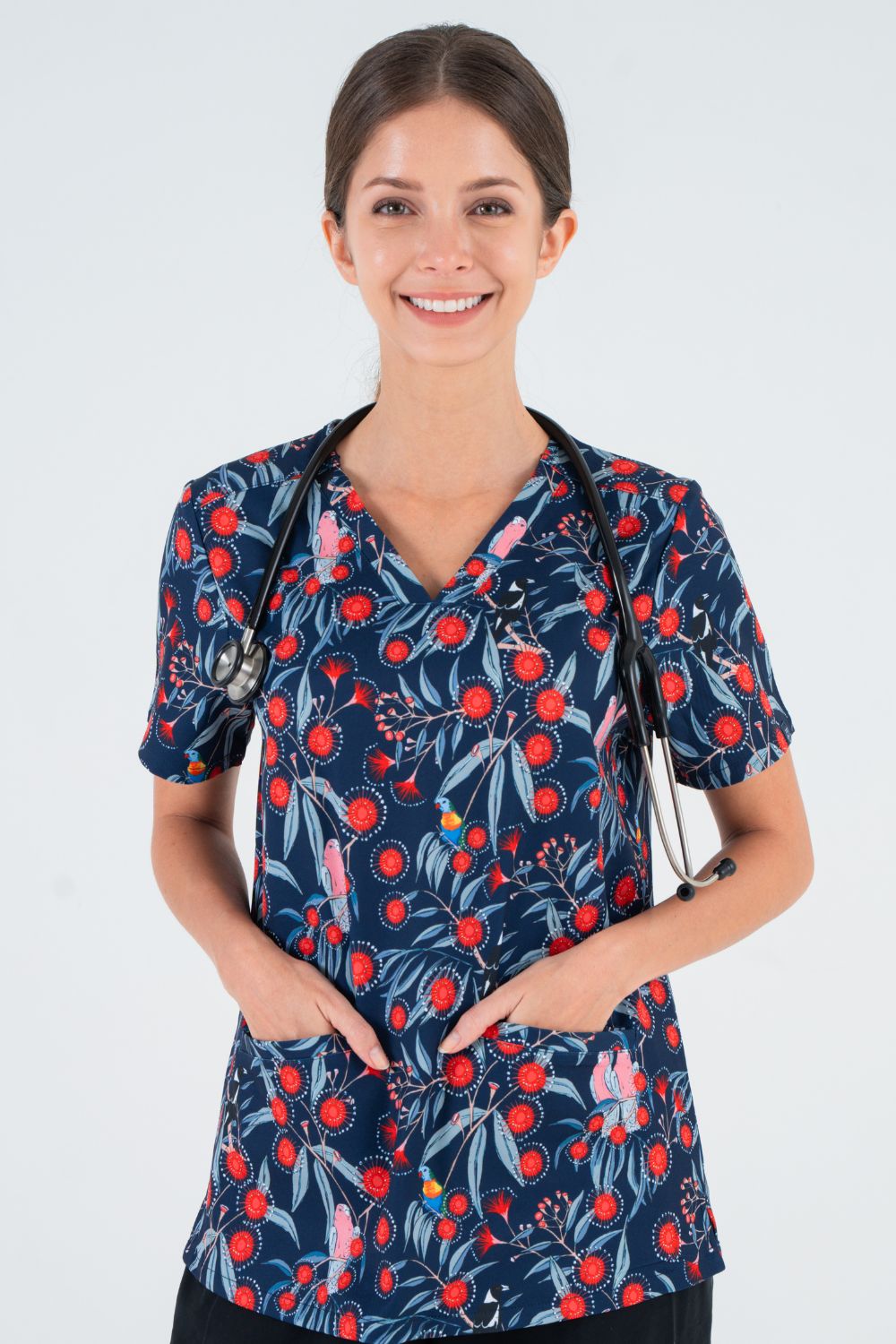 Red Flowering Gum Women’s 3-Pocket Scrub Top