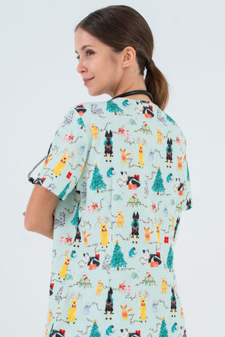 Christmas Tails Women’s 3-Pocket Scrub Top