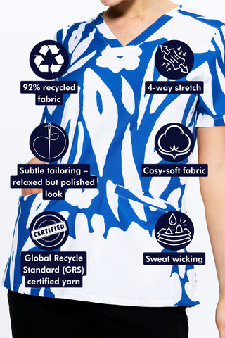 Blue-tiful Blooms Women’s 3-Pocket Scrub Top