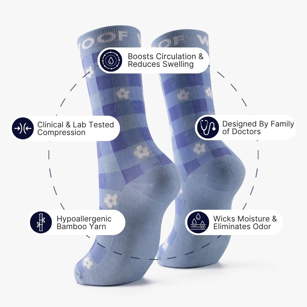 A blue Floral Gingham Bamboo Crew Compression Socks surrounded by key feature callout icons, including boosts circulation & reduces swelling, clinically tested compression, hypoallergenic & odor free, designed by family of doctors, and moisture-wicking properties.  