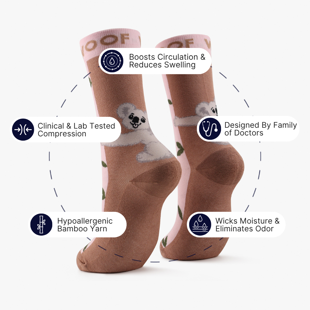 Infographic highlighting key features around pink bamboo crew compression socks with koala design.
