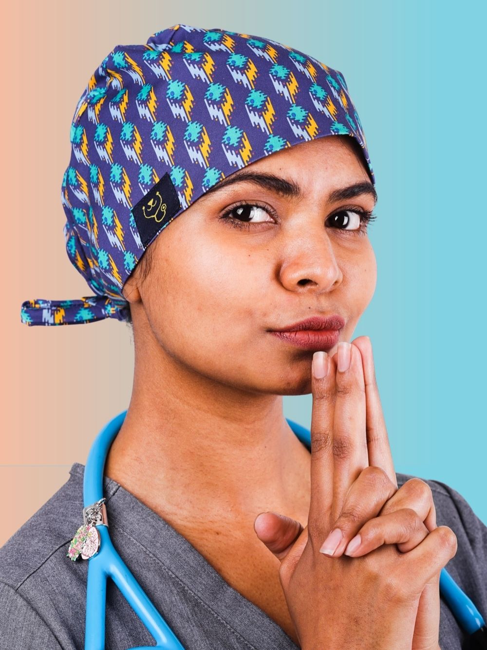 Doctor or nursing wearing a quirky scrub cap