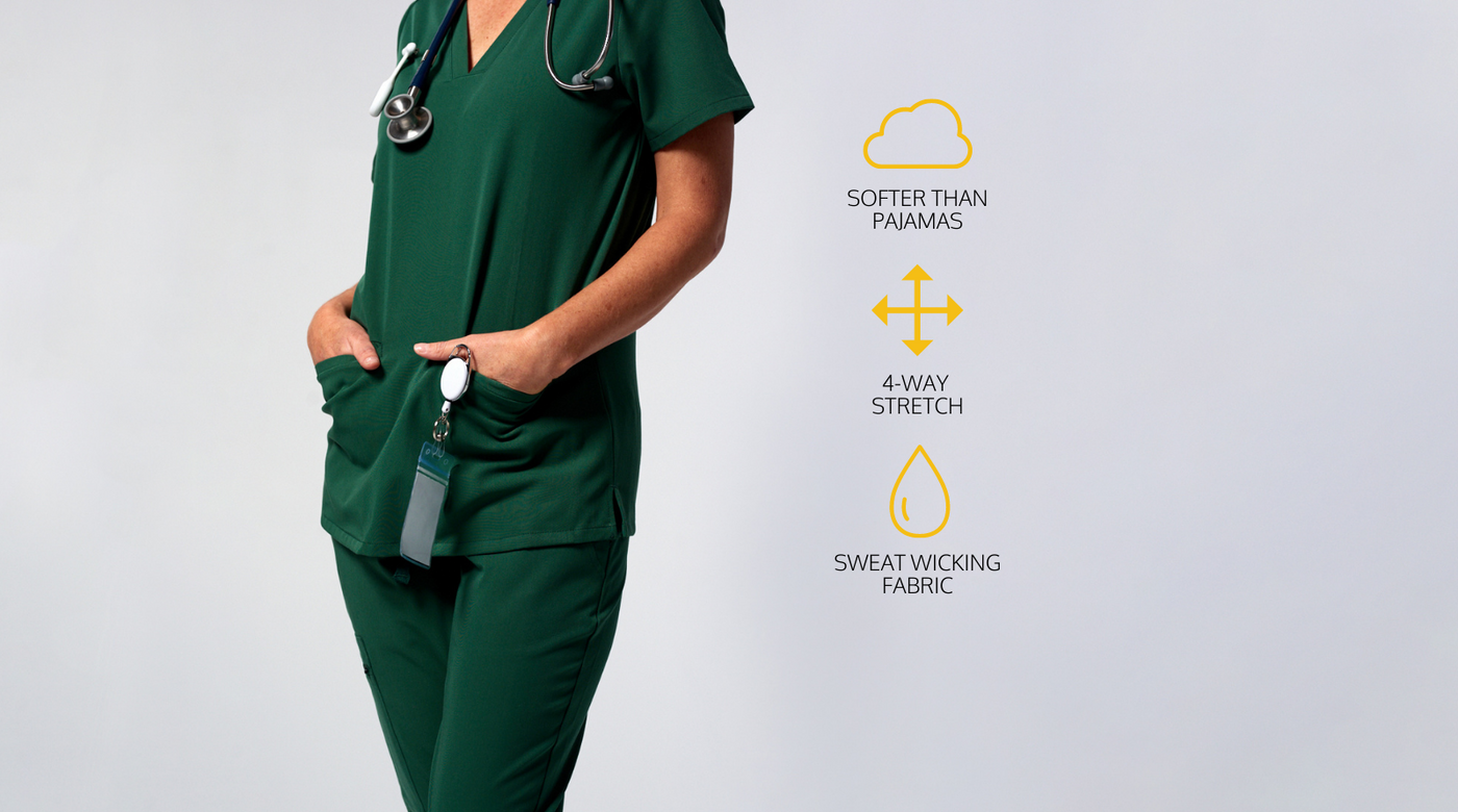Women Wearing Dr. Woof Scrubs with images showing key features: 4-way stretch, sweat wicking, softer-than-pajamas
