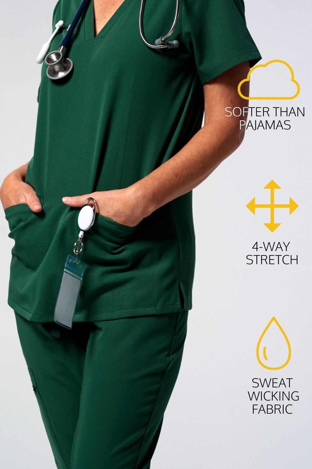 Women Wearing Dr. Woof Scrubs with images showing key features: 4-way stretch, sweat wicking, softer-than-pajamas