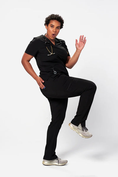 Nurse wearing a Dr. Scrub Uniform in Black