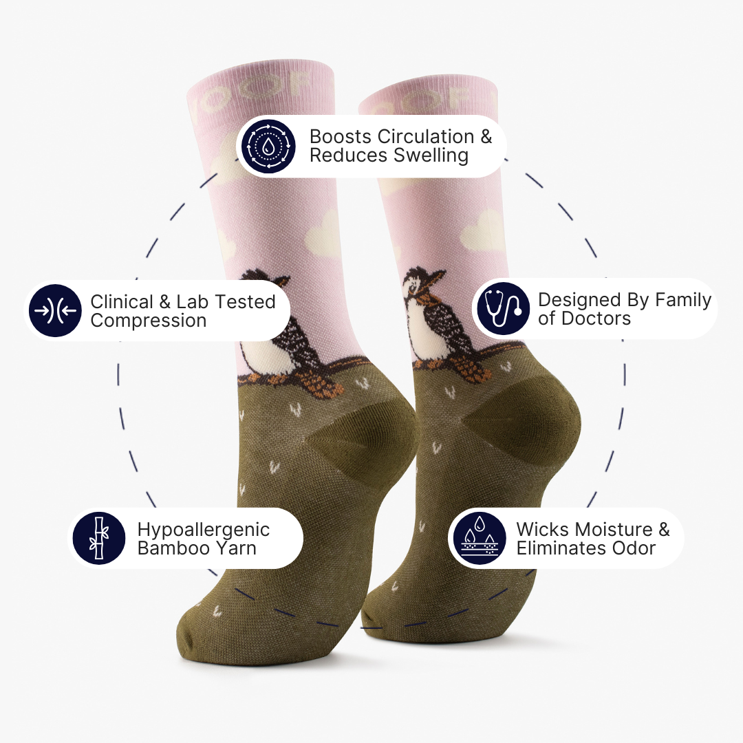 Infographic highlighting key features around pink and olive bamboo crew compression socks with kookaburra design.