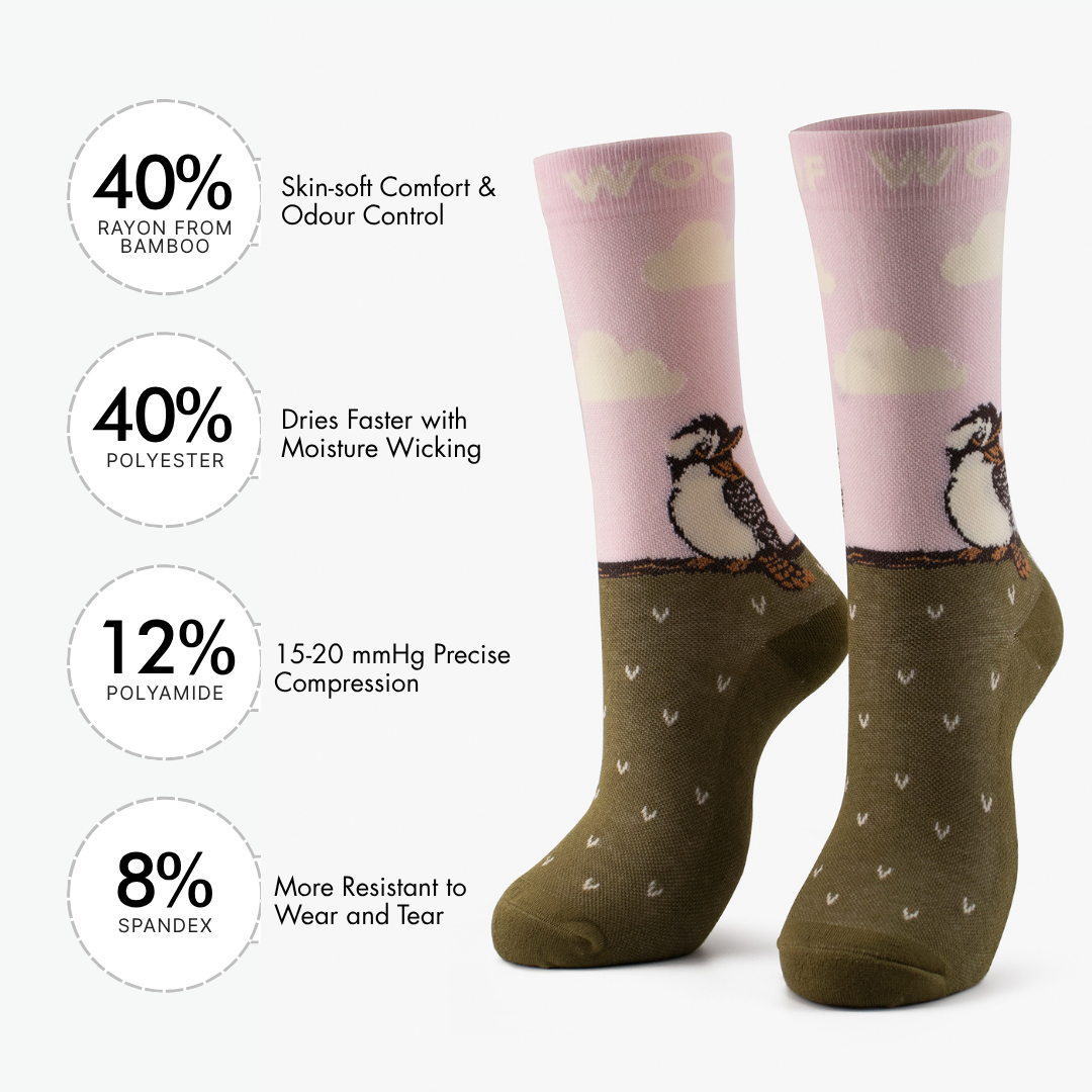 Infographic showing material percentages beside pink and olive bamboo crew compression socks with kookaburra design.