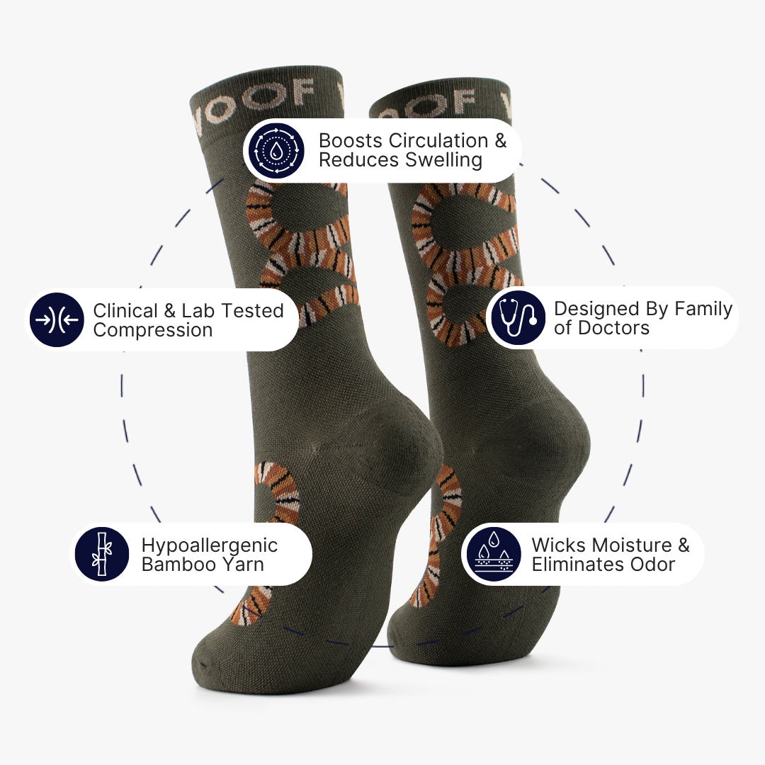 Infographic highlighting key features around olive green bamboo crew compression socks with snake design.