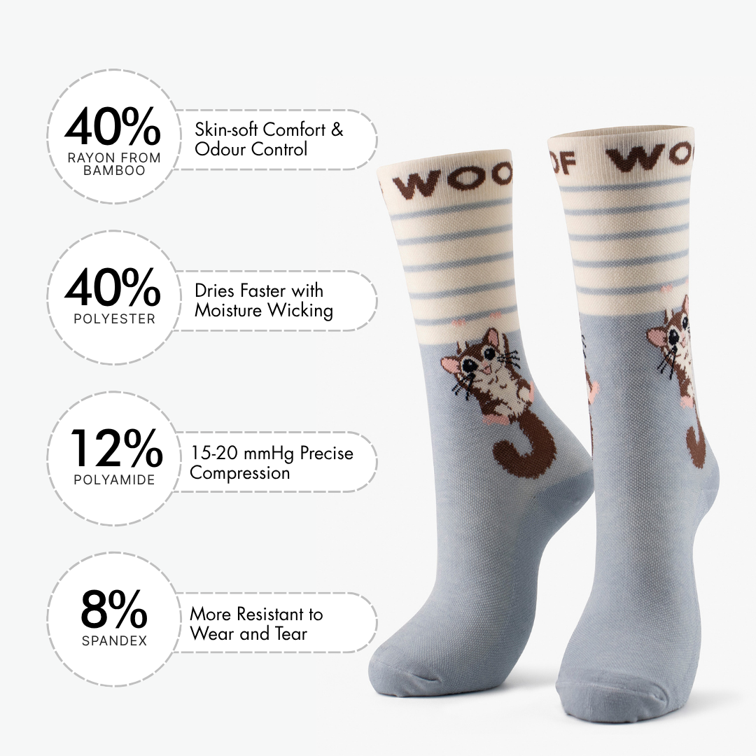 Infographic showing material breakdown beside blue bamboo crew compression socks with sugar glider design.