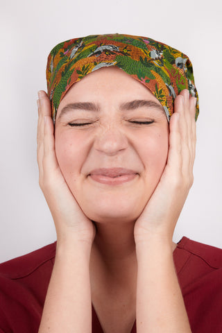 A Cardiac Physiologist Wearing a Dr. Woof Sugar Glider Surgical Scrub Cap Tie Back