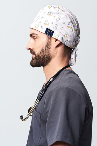 A Cardiac Physiologist Wearing a Dr. Woof Little Bunny Surgical Scrub Cap