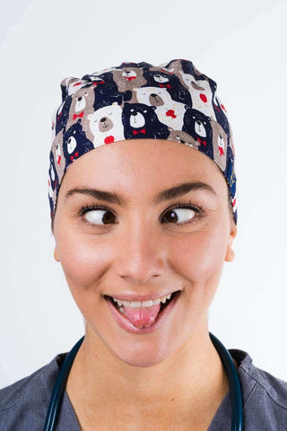 A Doctor Wearing a Dr. Woof Bears Surgical Scrub Cap