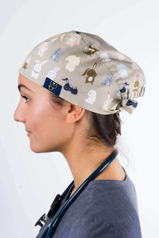 A Med Tech Wearing a Dr. Woof Bunnies Surgical Scrub Cap