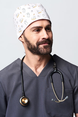 A Cardiac Physiologist Wearing a Dr. Woof Little Bunny Surgical Scrub Cap Tie Back